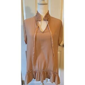 RO & DE Peach Hi Lo Ruffle Drawstring Neck Silky Polyester Top Size L